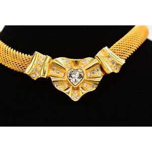 Givenchy Vintage Crystal Heart Choker Necklace Brushed Gold NOS Signed 80s Bin7A